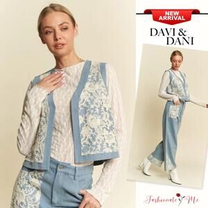 Davi & Dani Casual Textures Lace Patch Detail Open Front Denim Vest | Light Blue